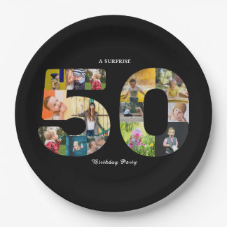 50th Birthday Party Photo Collage Black White Paper Plate