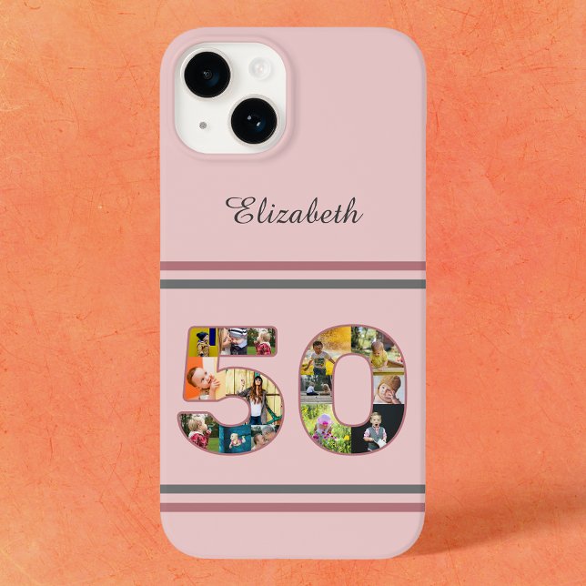 50th Birthday Party Photo Collage Dusty Blush Pink Case-Mate iPhone Case (50th birthday iPhone 14 dusty blush pink case with personalized photo template.)