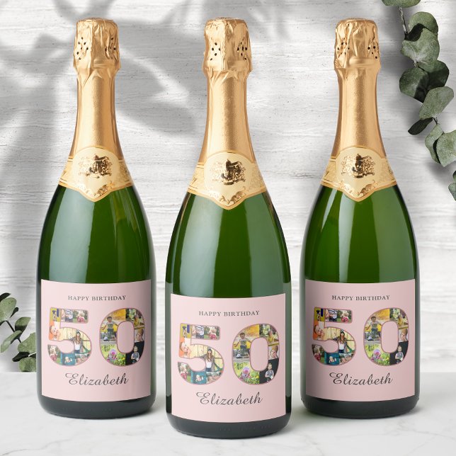 50th Birthday Party Photo Collage Dusty Blush Pink Sparkling Wine Label (Blush dusty pink sparkling wine labels with photo collage. )