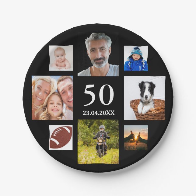 50th birthday party photo collage guy black paper plate (Front)