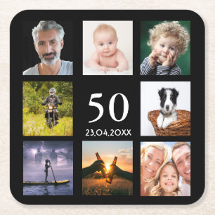 50th birthday party photo collage guy black square paper coaster