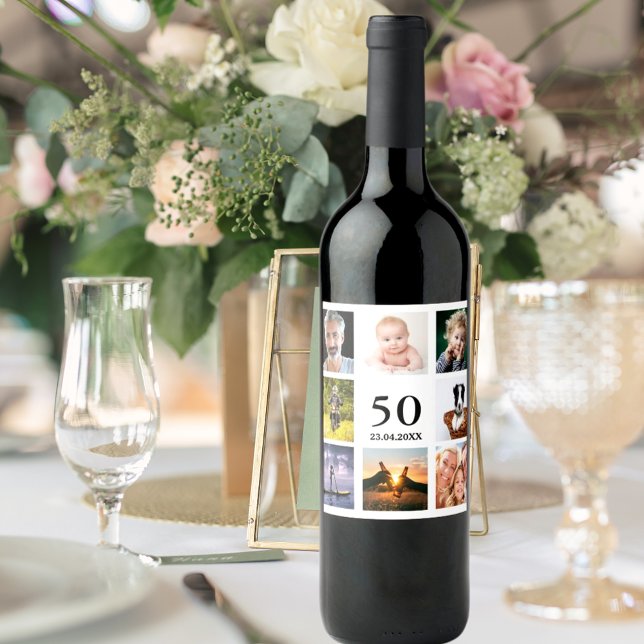 50th birthday party photo collage guy wine label (Creator Uploaded)