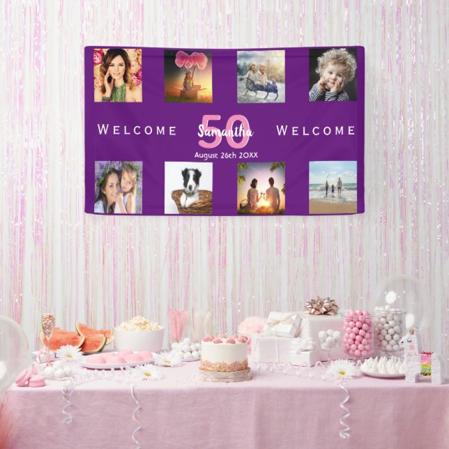 50th birthday party photo collage purple banner (Party)