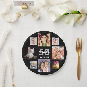 50th birthday party photo collage woman black paper plate