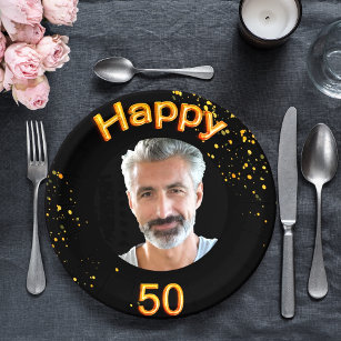 50th birthday party photo gold balloons black paper plate