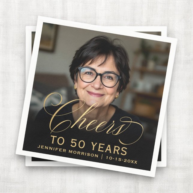 50th Birthday Party Photo Gold Script Cheers  Napkin (Creator Uploaded)