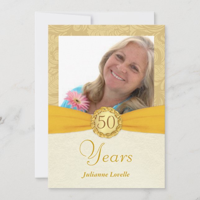 50th Birthday Party Photo Invitations-Gold Damask Invitation (Front)