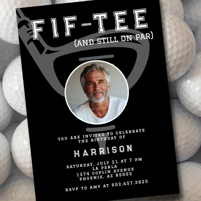 50th Birthday Party Photo Modern Golf Black Invitation (Creator Uploaded)