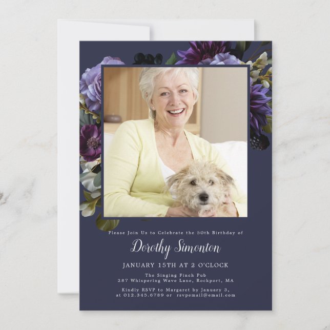 50th Birthday Party Photo Moody Purple Floral Invitation (Front)