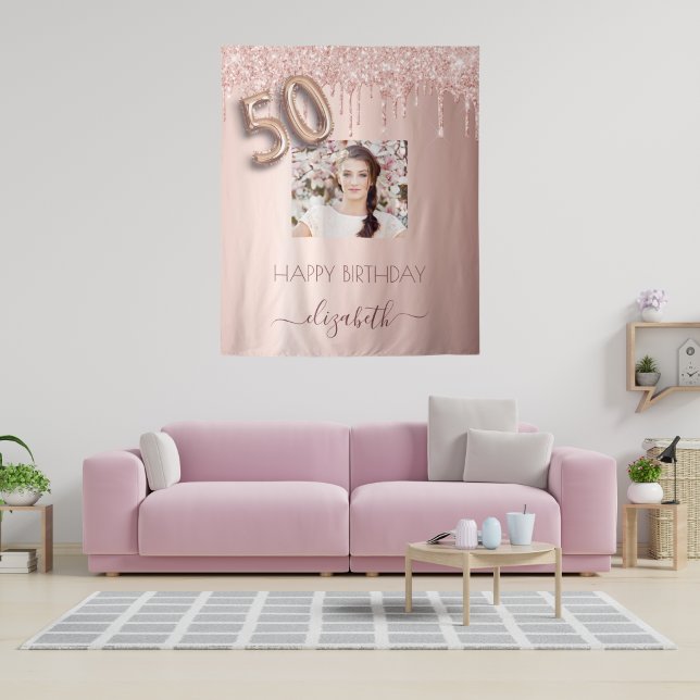 50th birthday party photo rose gold glitter pink tapestry