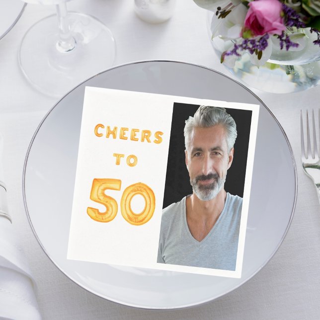 50th birthday party photo white gold napkin (Creator Uploaded)