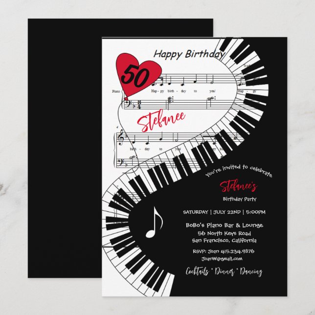 50th Birthday Party, Piano Keys Music, Invitation (Front/Back)