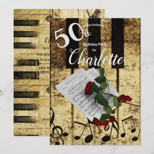 50th Birthday Party Piano Keys Sheet Music Rose In Invitation (Front/Back)