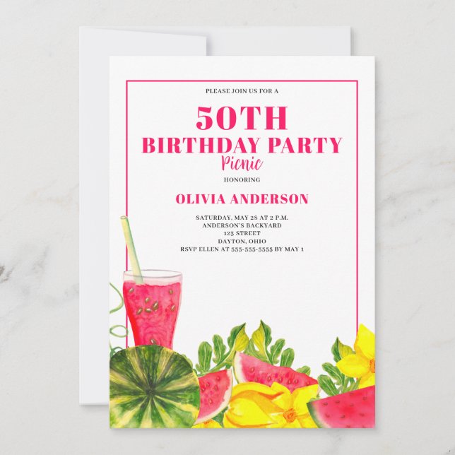 50th Birthday Party Picnic Pink Watermelon Invitation (Front)