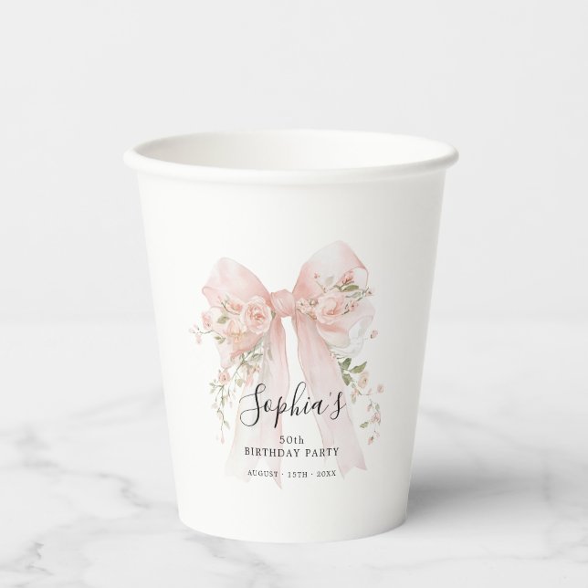 50th Birthday Party Pink Bow with Roses Custom Paper Cups (Front)