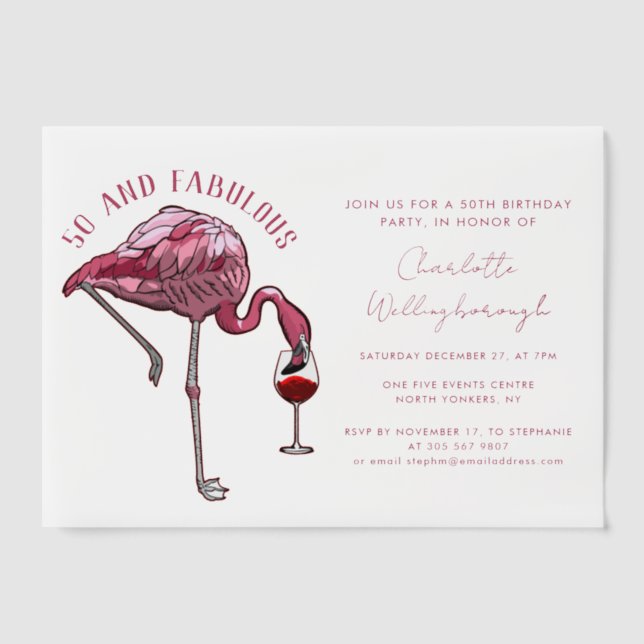 50th Birthday Party Pink Flamingo 50 and Fab Vellum Invitations (Front)