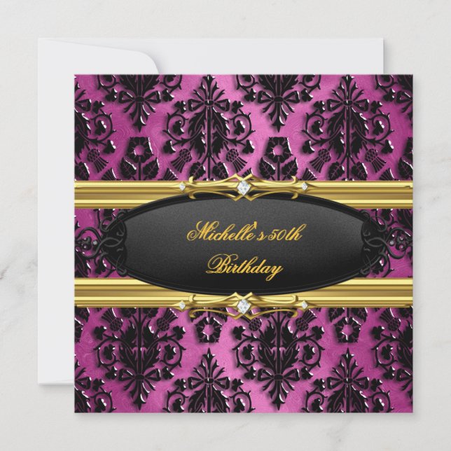 50th Birthday Party Pink Gold Damask Black Diamond Invitation (Front)