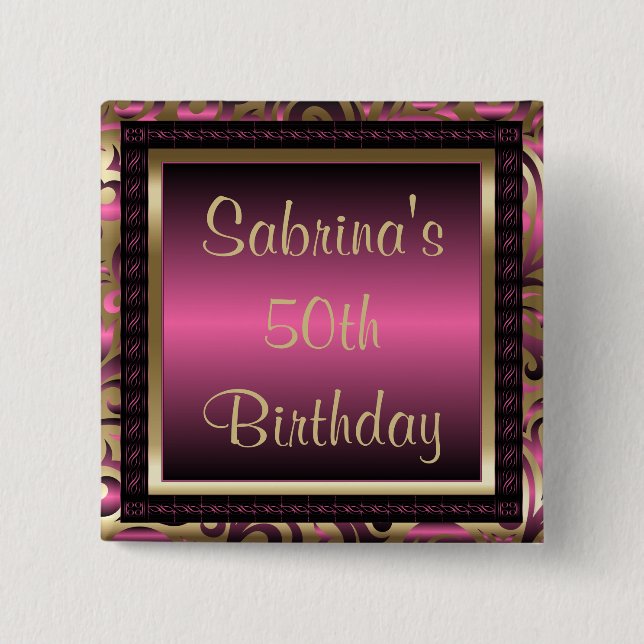 50th Birthday Party | Pink Metallic & Gold 15 Cm Square Badge (Front)