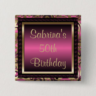 50th Birthday Party   Pink Metallic & Gold 15 Cm Square Badge