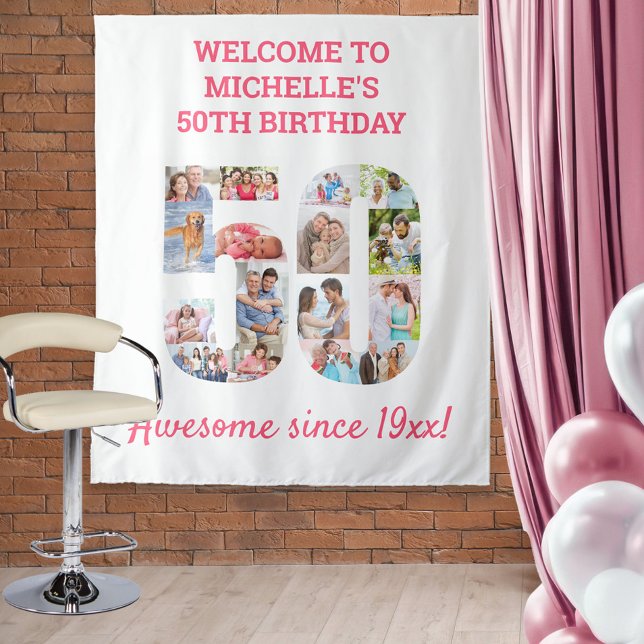 50th Birthday Party Pink Photo Collage Backdrop Tapestry (Creator Uploaded)