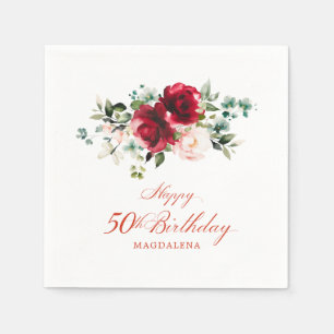 50th Birthday Party Pink Red Floral Custom Napkin