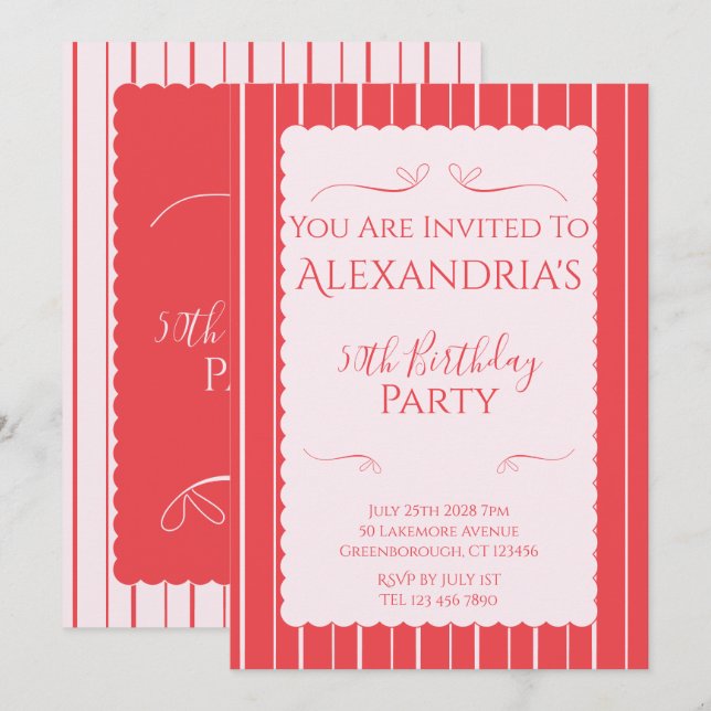 50th Birthday Party Pink Red Stripes Invitation (Front/Back)