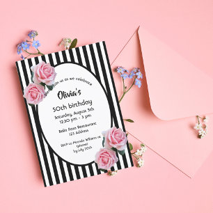 50th birthday party pink roses black white stripes invitation