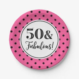 50th Birthday Party Pink White Black Dots Paper Plate
