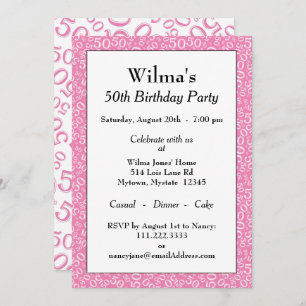 50th Birthday Party Pink/White Number Pattern Invitation