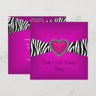 50th Birthday Party Pink Zebra Heart Black White Invitation