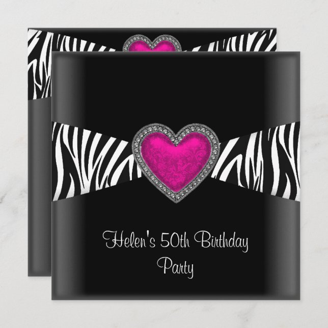 50th Birthday Party Pink Zebra Heart Black White Invitation (Front/Back)