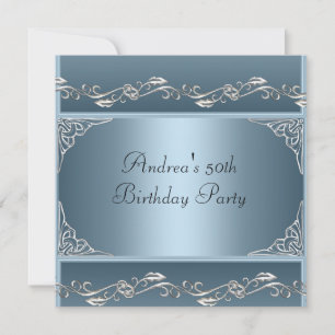 50th Birthday Party Pretty Blue Silver Floral 2 Invitation