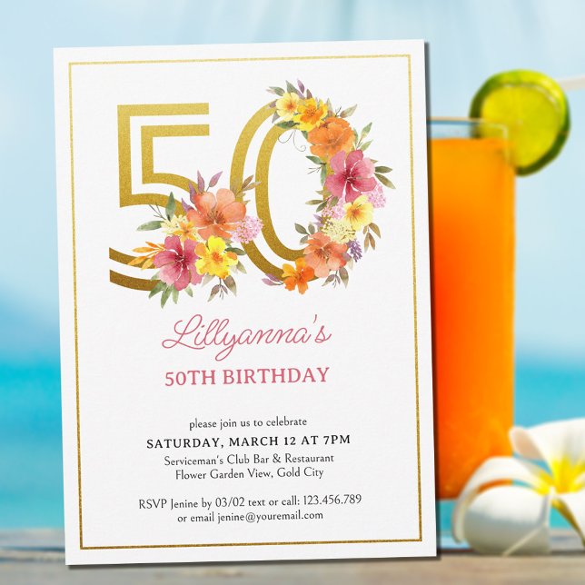 50th Birthday Party Pretty Floral Gold Number 50 Invitation (Creator Uploaded)