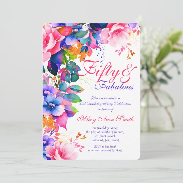 50th Birthday Party Pretty Garden Floral Invitation (Standing Front)