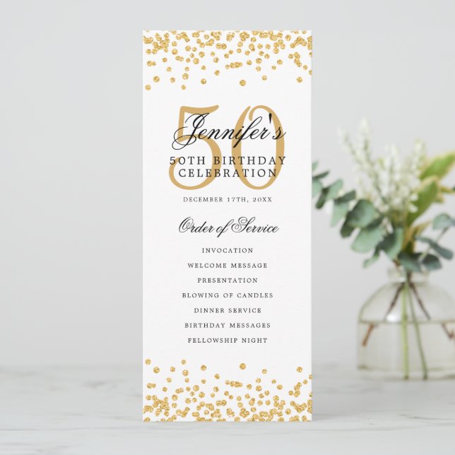 50th Birthday Party Program Gold Confetti Menu  Invitation (Standing Front)