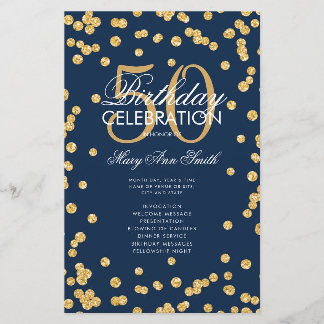 50th Birthday Party Program Gold Glitter Menu Navy (Front)