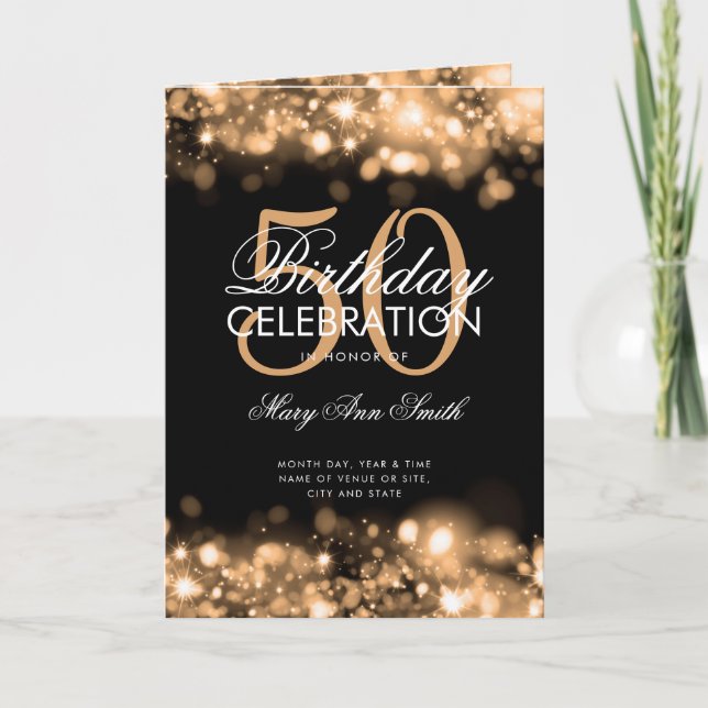 50th Birthday Party Program Menu Glam Lights Gold  (Front)