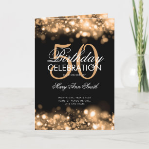50th Birthday Party Program Menu Glam Lights Gold 