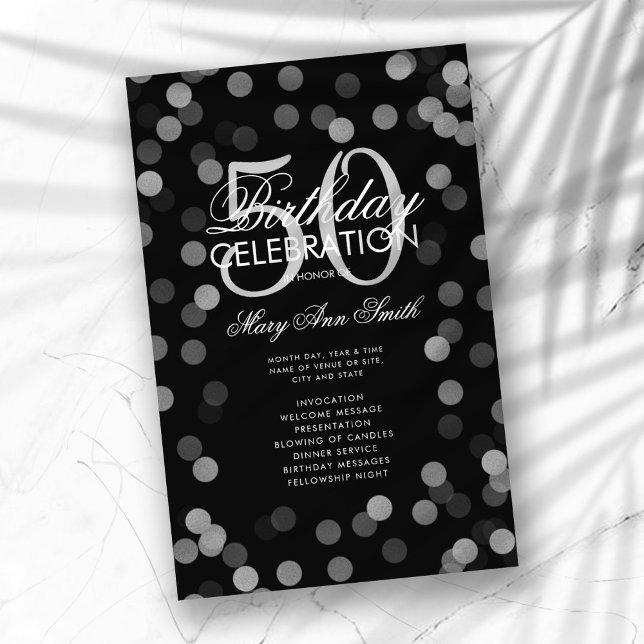50th Birthday Party Program Silver Confetti Menu (Creator Uploaded)