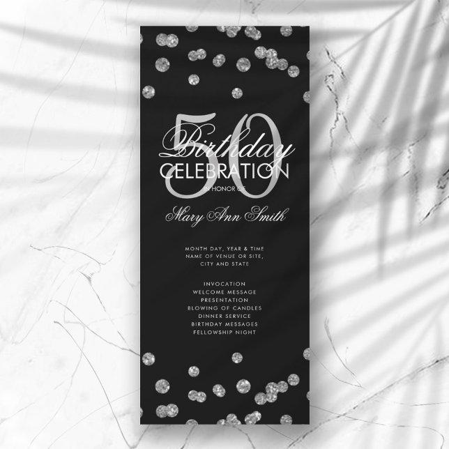 50th Birthday Party Program Silver Glitter w/ Menu Invitation (Creator Uploaded)