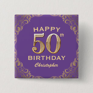50th Birthday Party Purple and Gold Glitter Frame 15 Cm Square Badge