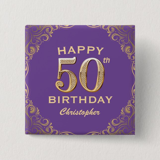 50th Birthday Party Purple and Gold Glitter Frame 15 Cm Square Badge (Front)