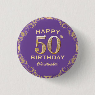 50th Birthday Party Purple and Gold Glitter Frame 3 Cm Round Badge