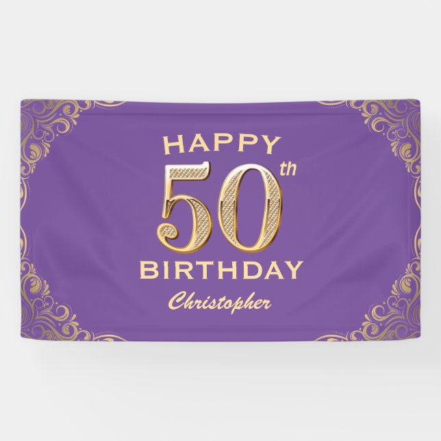 50th Birthday Party Purple and Gold Glitter Frame Banner (Horizontal)