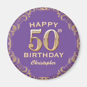 50th Birthday Party Purple and Gold Glitter Frame Magnet