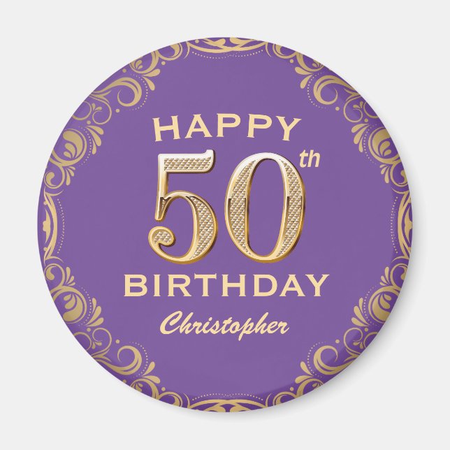 50th Birthday Party Purple and Gold Glitter Frame Magnet (Front)