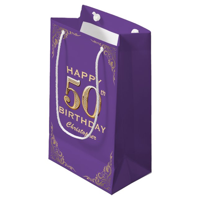 50th Birthday Party Purple and Gold Glitter Frame Small Gift Bag (Front Angled)