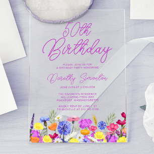 50th Birthday Party Purple Boho Wildflower Acrylic Invitations