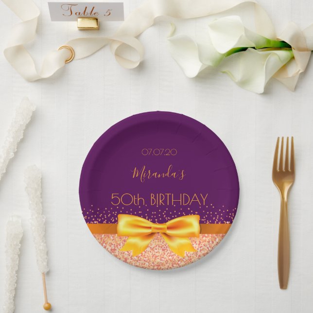 50th birthday party purple gold bow elegant paper plate (Wedding)