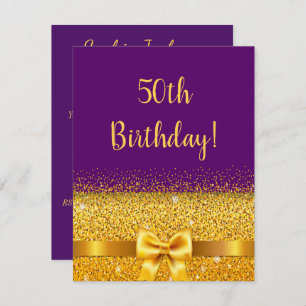 50th birthday party purple gold bow invitation